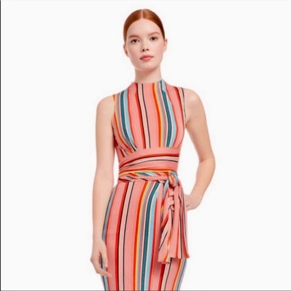 Alice and Olivia Sports Muiltistripes Delora Tie Waist Mock Neck Jersey Midi - Picture 14 of 15